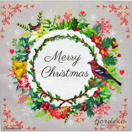 Serwetka do decoupage firmy AMBIENTE wianek Merry Christmas 33x33cm